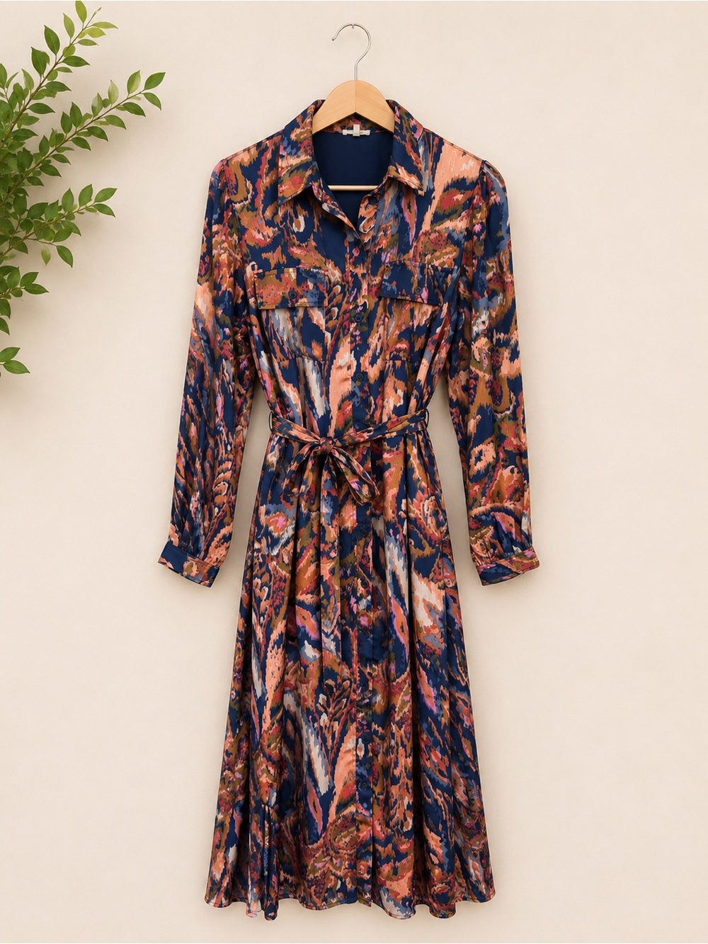 JODIFL Navy and Rust Long-Sleeve Printed Shirt Dress